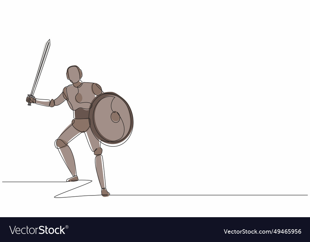 Single one line drawing robot with sword vector image Single one line drawing robot with sword