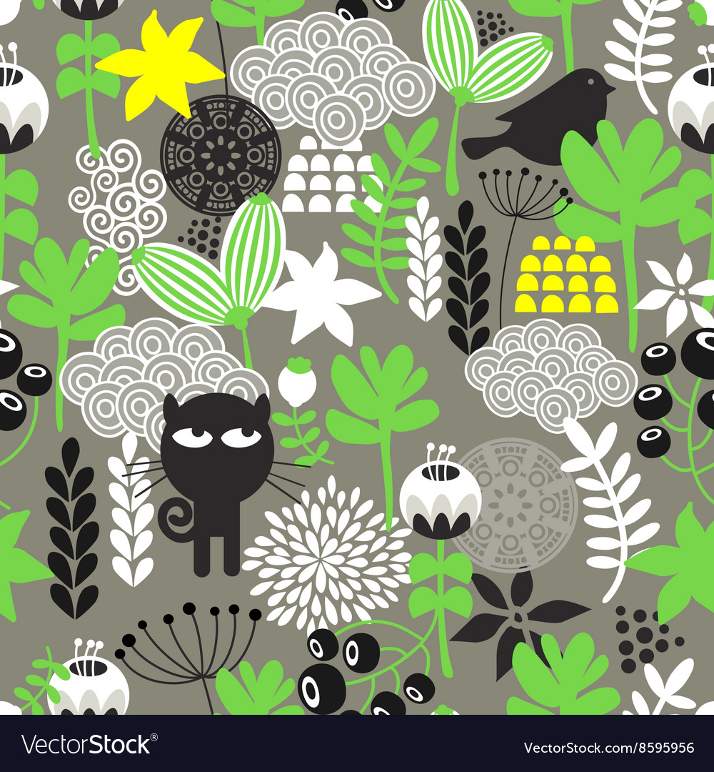 Spring time seamless pattern with cute hunter cat