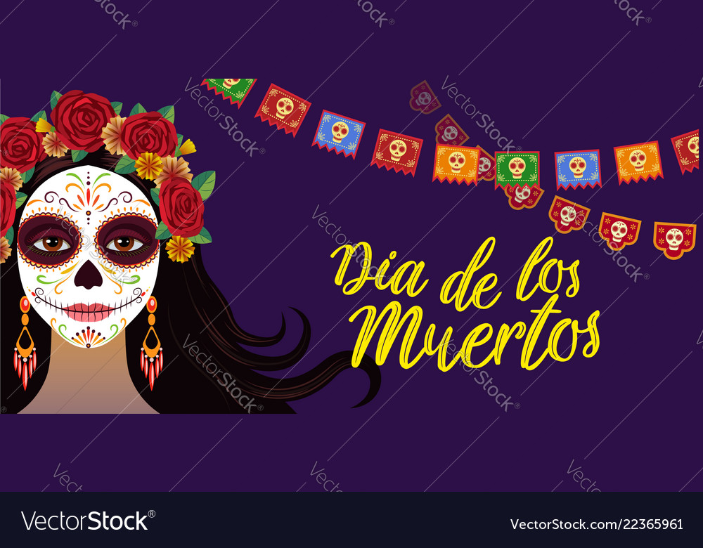 Day dead colorful banner with girl vector image Day dead colorful banner with girl