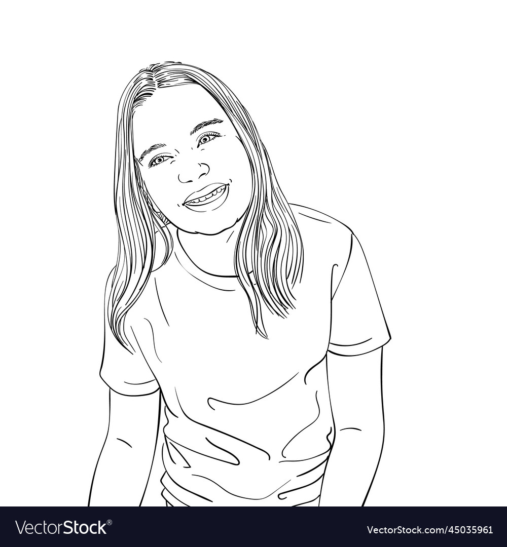 Hand drawn of young girl smiling happy line art