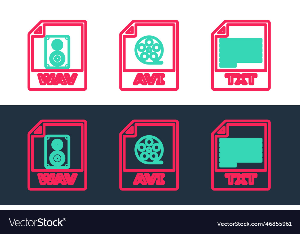 Set line txt file document wav and avi icon vector image Set line txt file document wav and avi icon