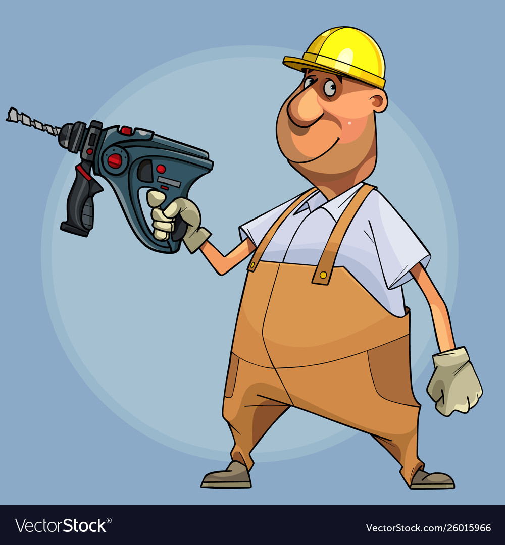 Cartoon smiling male builder in a helmet