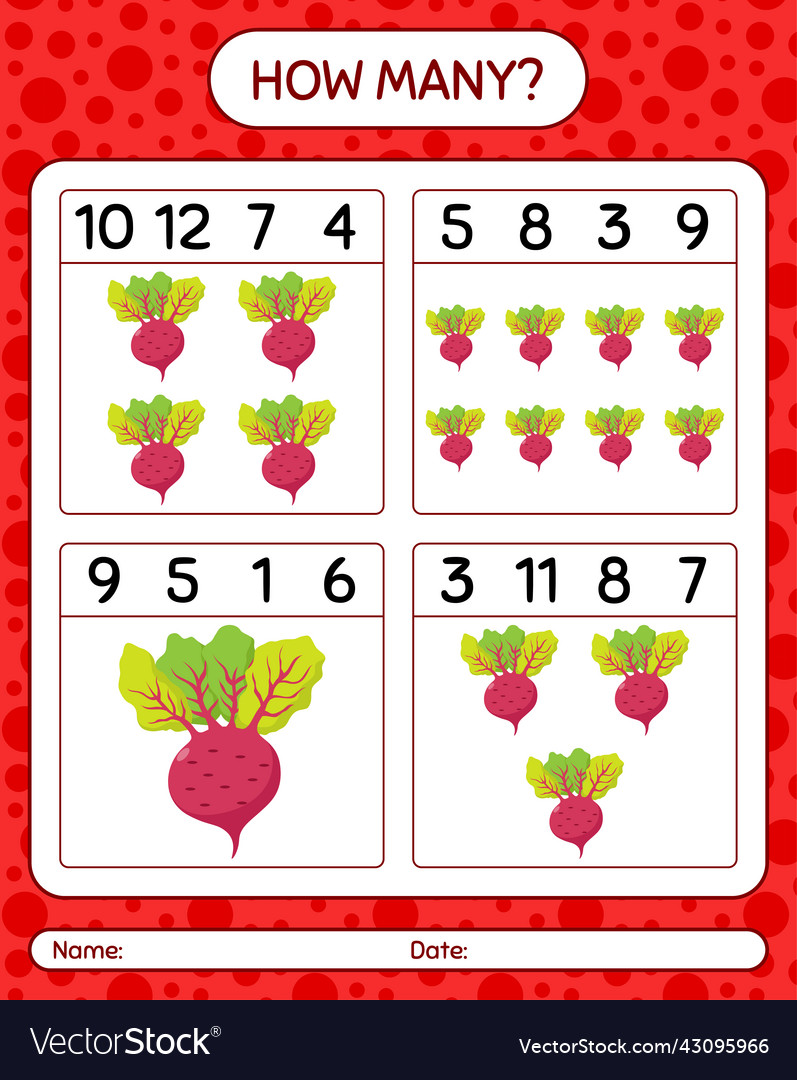 How many counting game with beet root worksheet vector image How many counting game with beet root worksheet