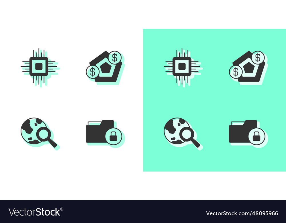 Set folder and lock processor cpu search globe vector image Set folder and lock processor cpu search globe