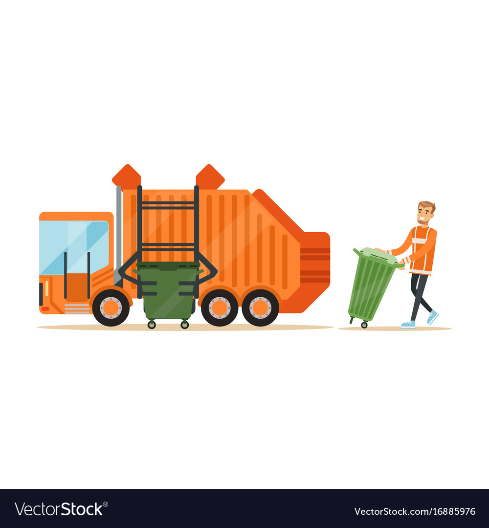 Garbage truck driver loading recycle bin