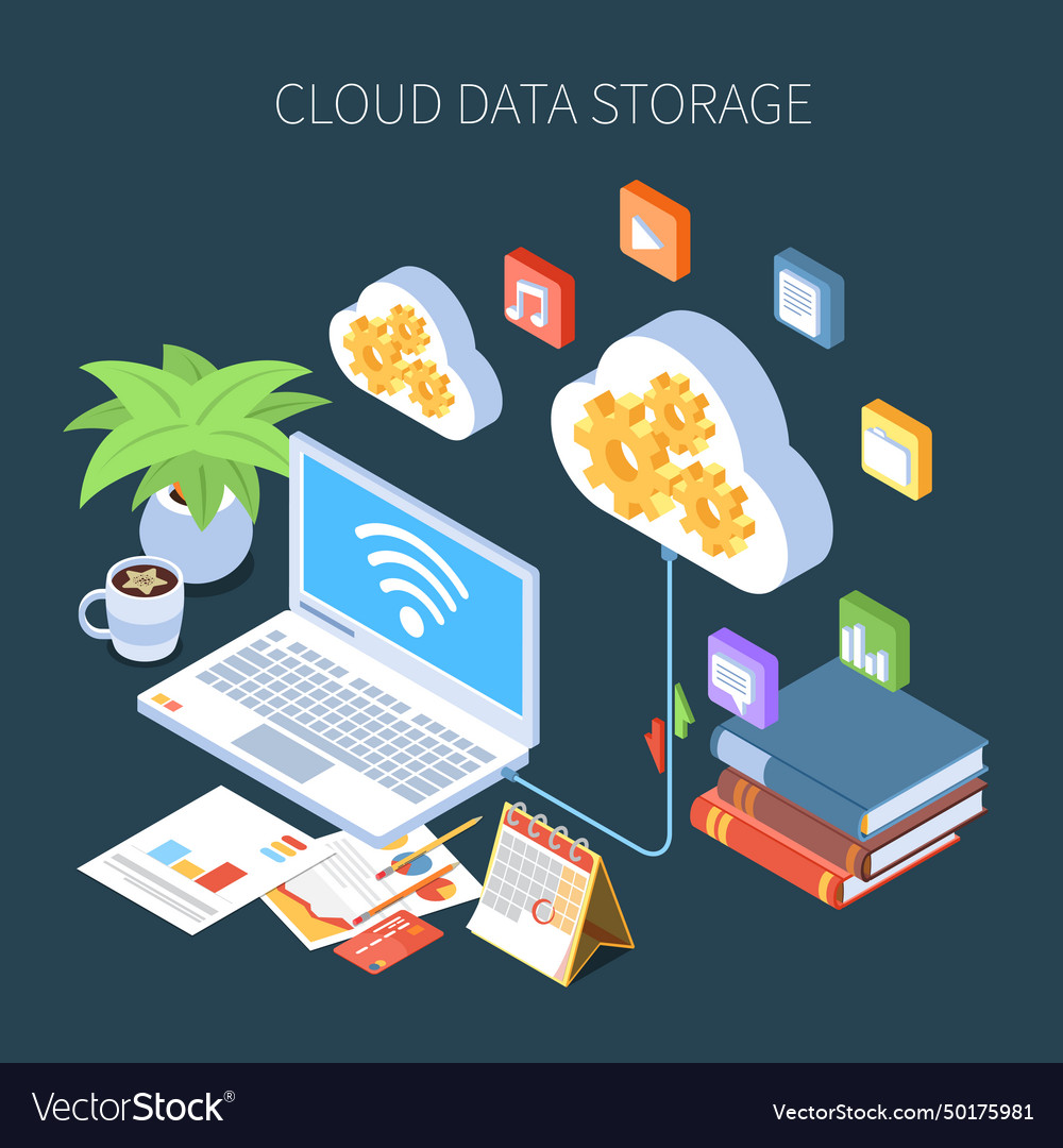 Cloud data storage isometric composition