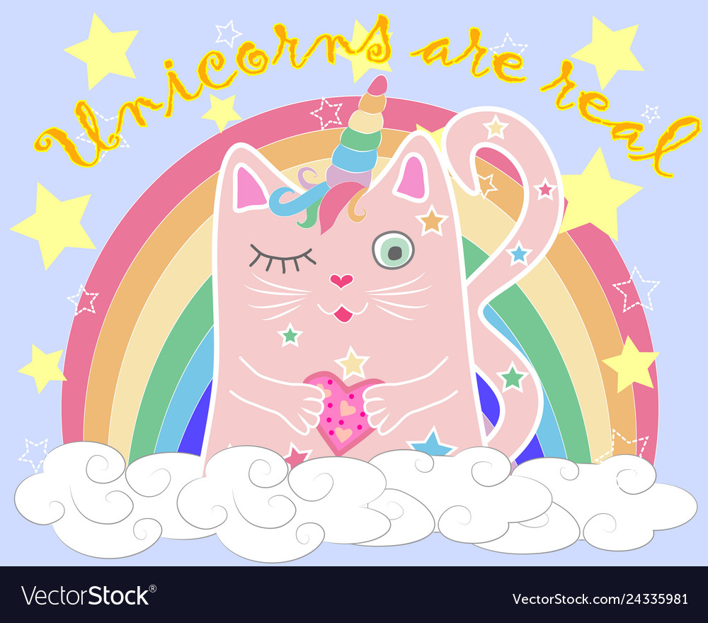 Süße Katze Einhorn mit Regenbogen und Slogan Hand