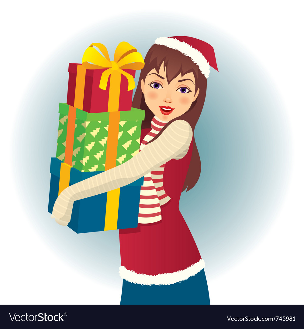 Girl in santa hat with gifts hand