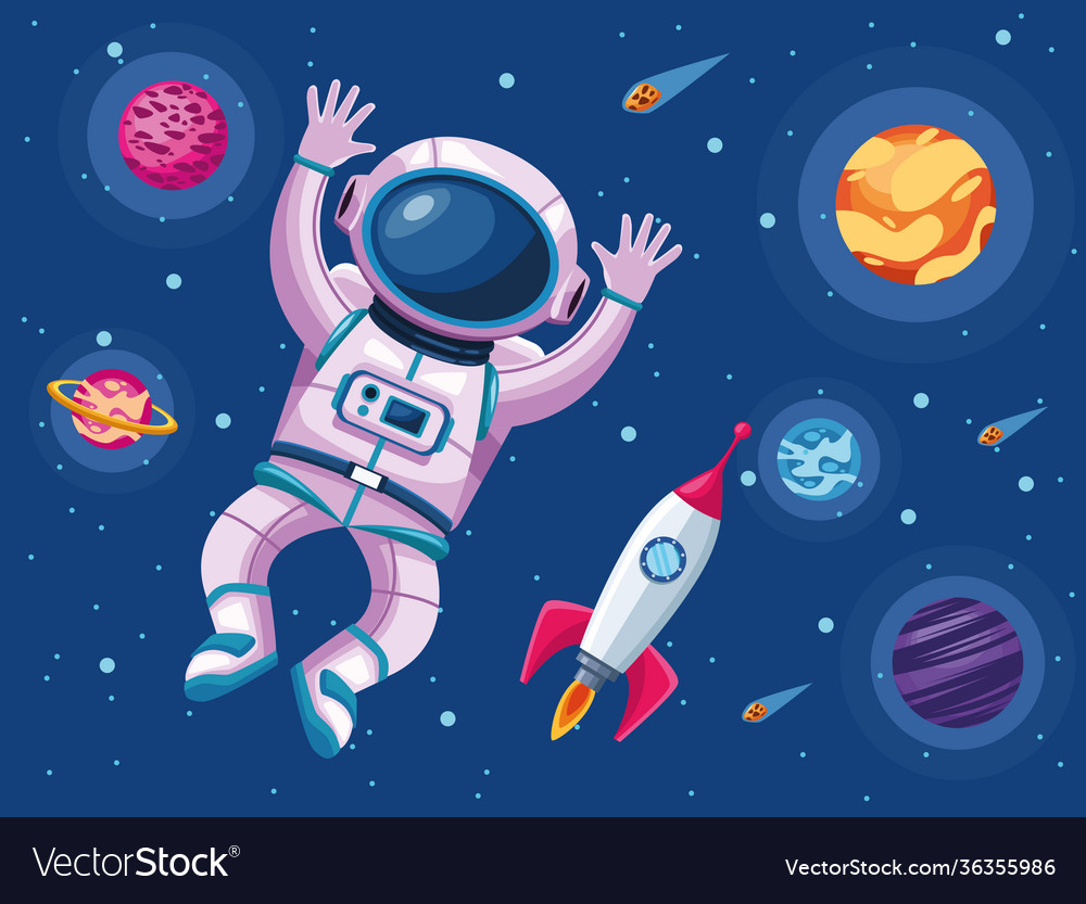 Astronaut with planets and rocket space universe