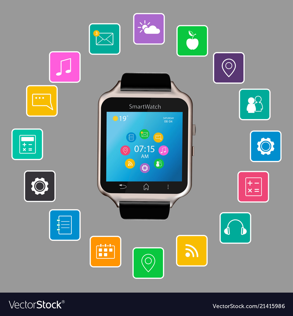 Smart watch device display with app icons vector image Smart watch device display with app icons