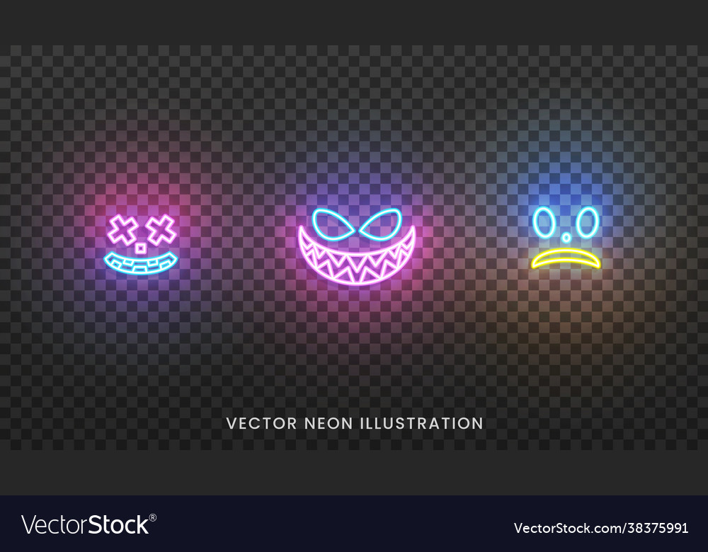 Halloween neon face icons set bright