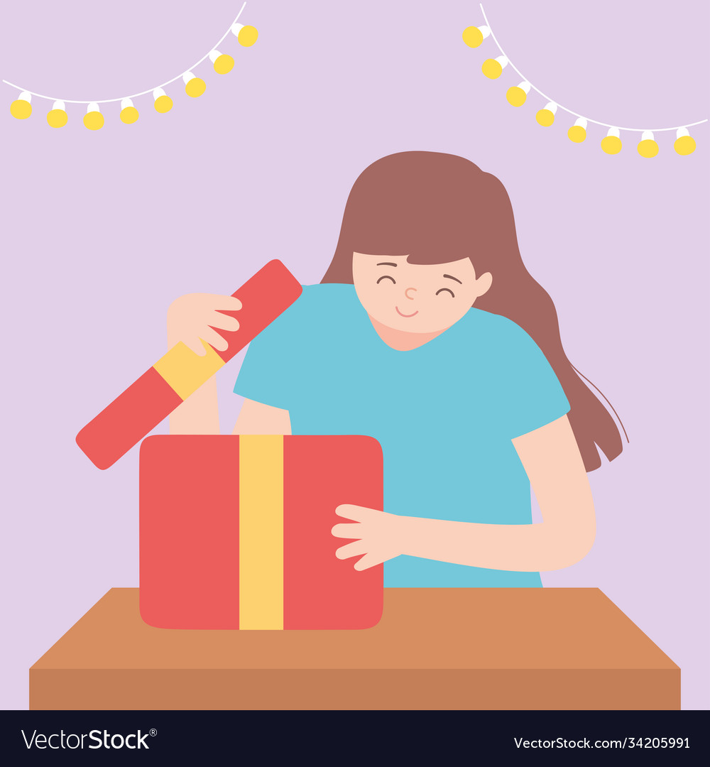 Happy woman opening gift box with light decoration