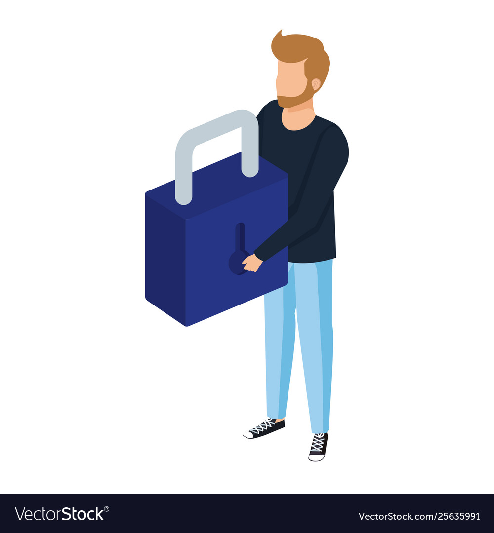 Man lifting safe secure padlock vector image Man lifting safe secure padlock