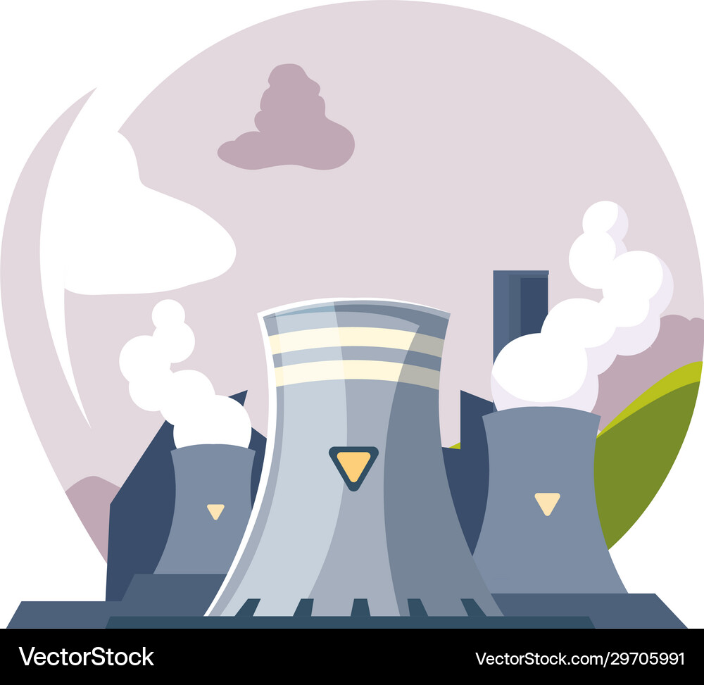 Nuclear reactor with smoke clouds on white Vector Image