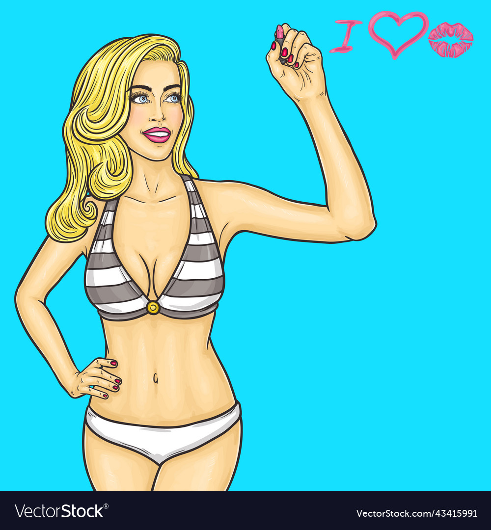 Pop Art Blonde Writes Lipstick On Screen Vector Image