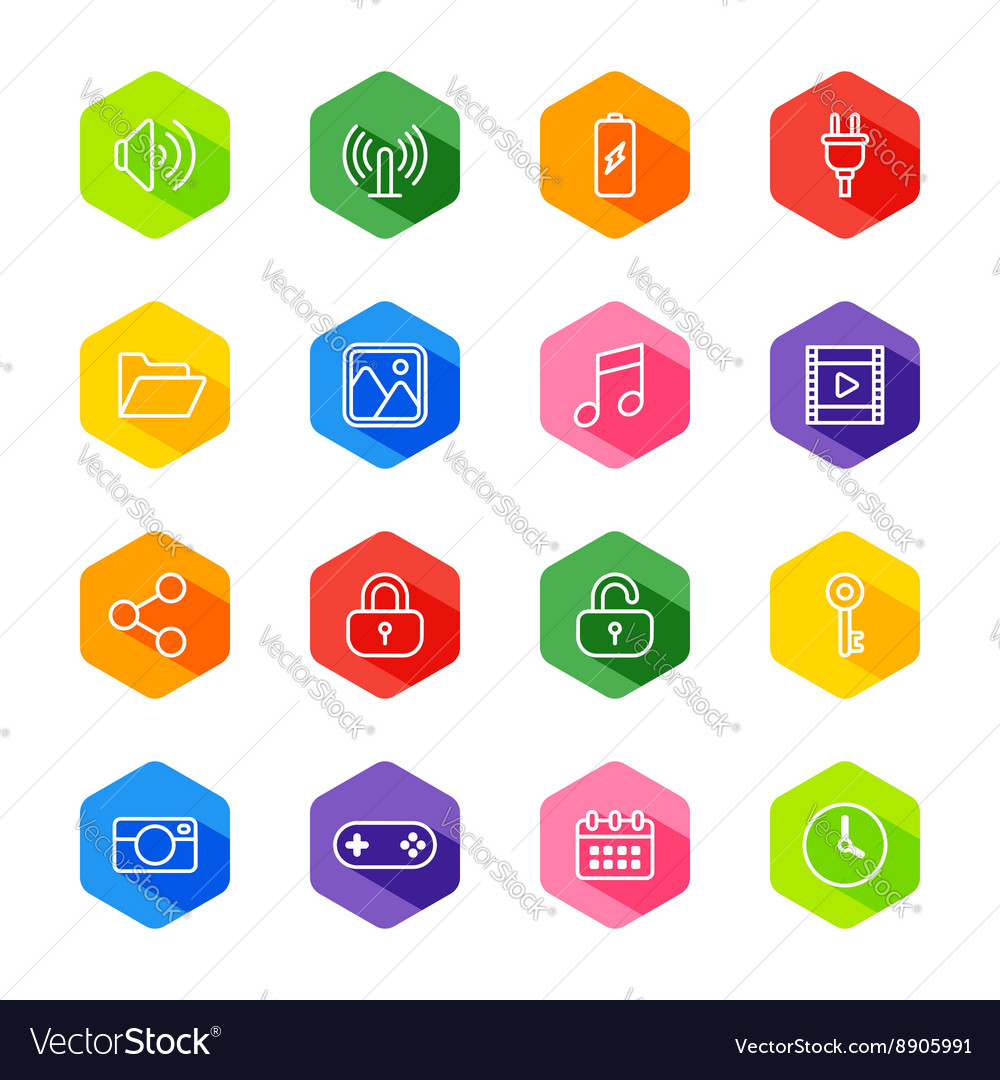 White line web icon set on colorful hexagon