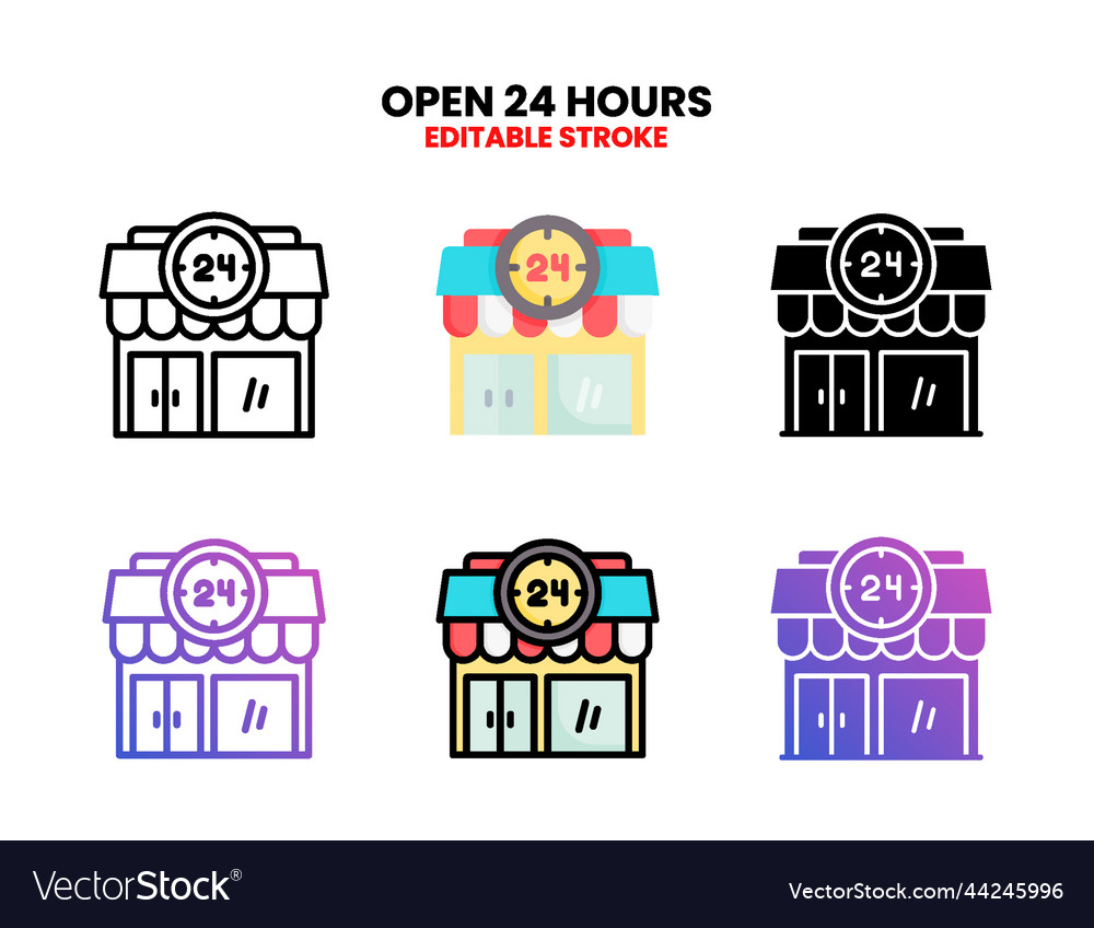 Open 24 hours icon set with different styles vector image Open 24 hours icon set with different styles