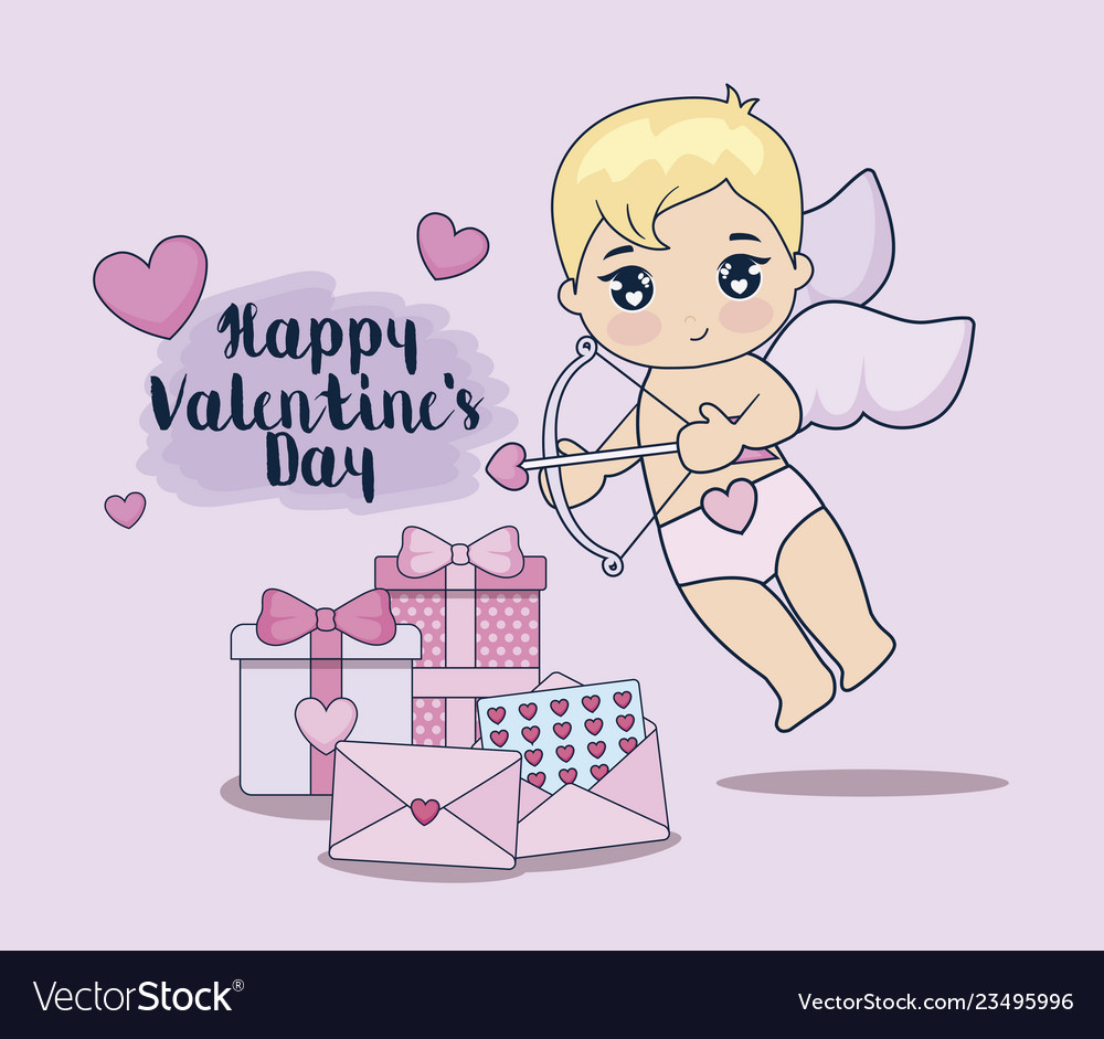 Valentine day card with cupid and set icons