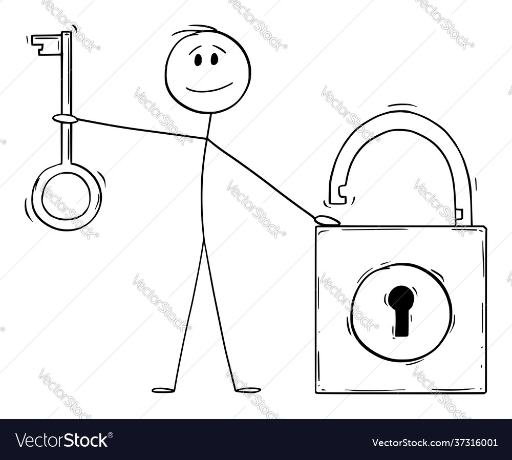 Man holding key and lock security concept cartoon Vector Image