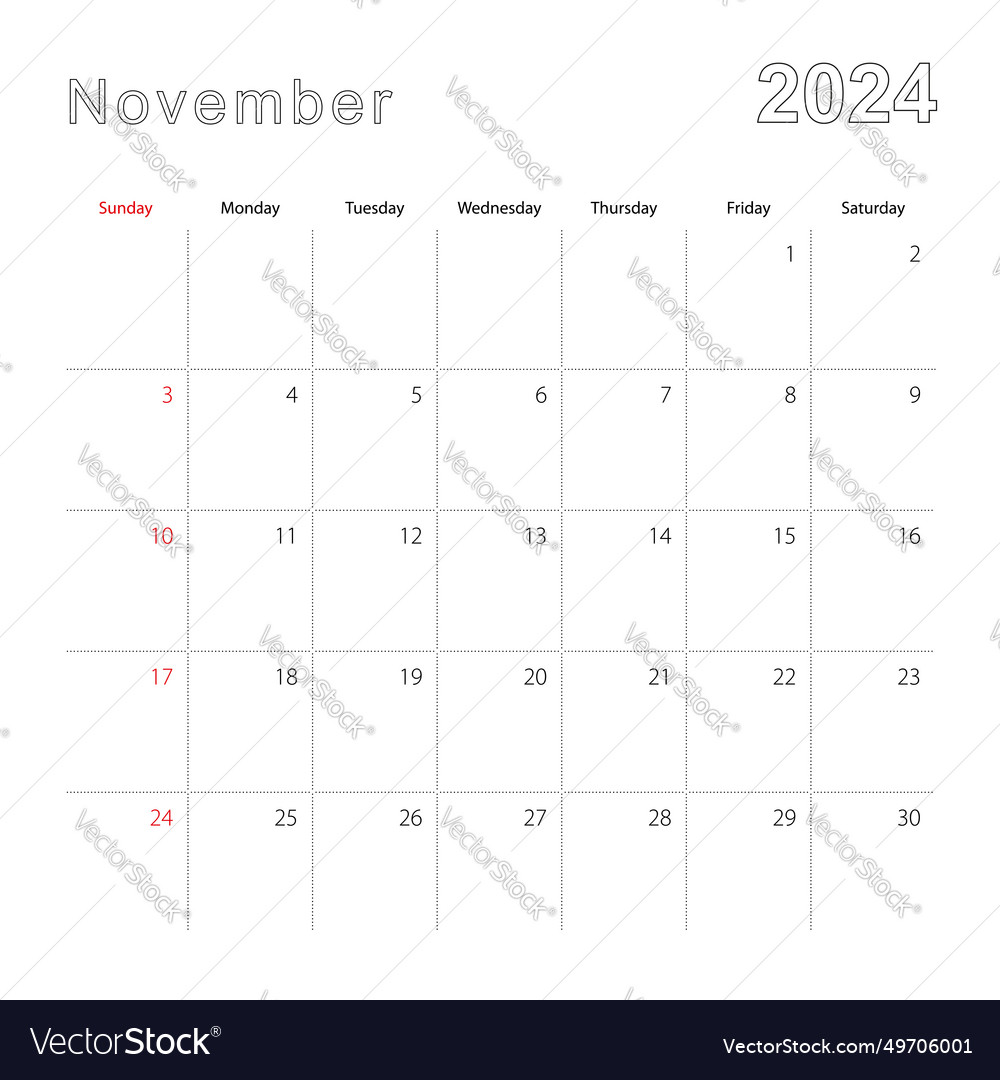 Simple Wall Calendar For November 2024 Royalty Free Vector