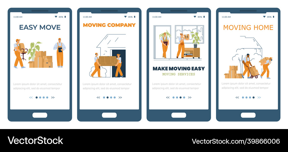 Home moving company onboarding screens kit flat Vector Image