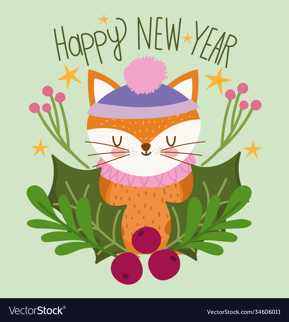 Happy new year 2021 cute fox and floral Royalty Free Vector