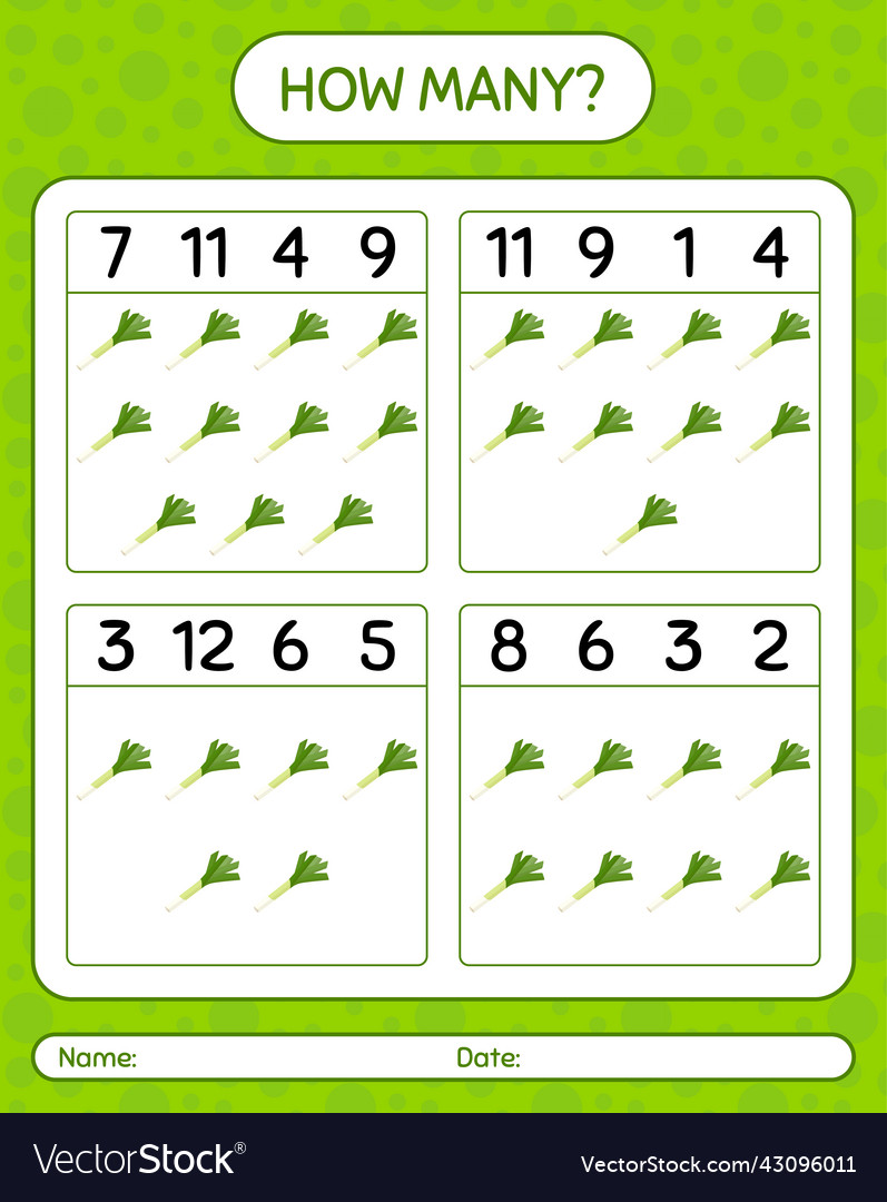 How many counting game with leek worksheet vector image How many counting game with leek worksheet