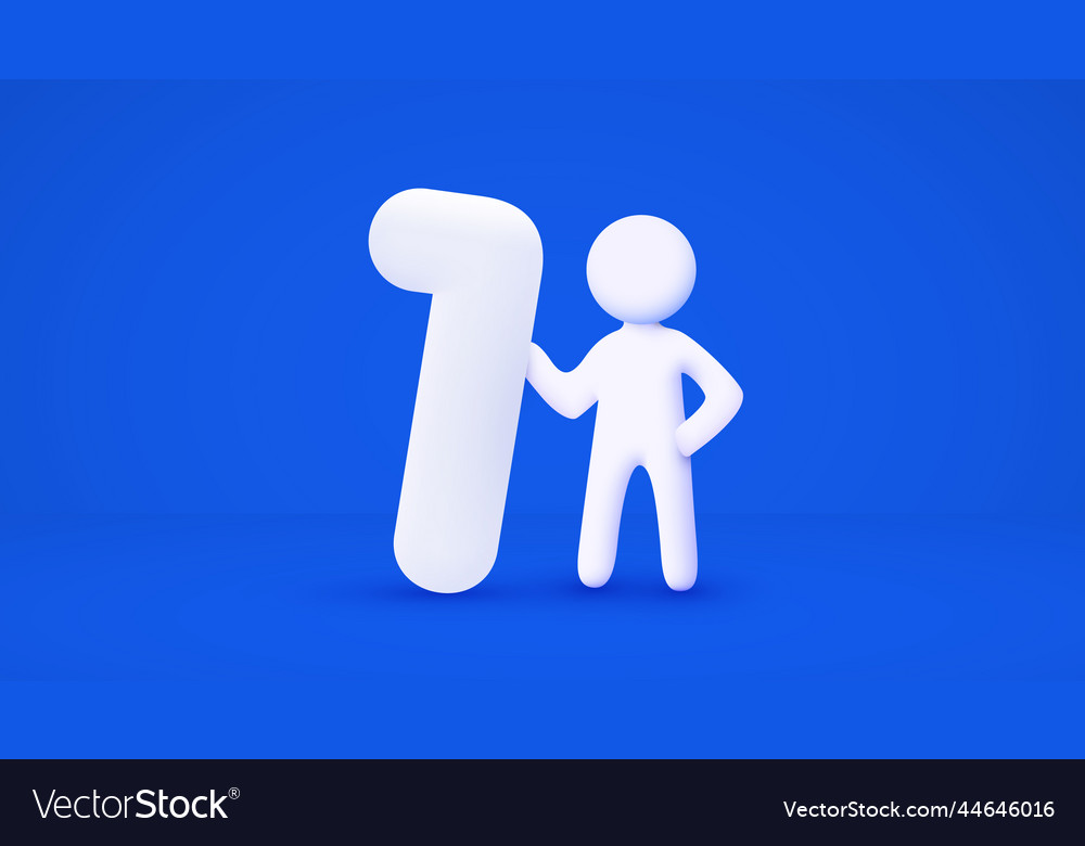 3d white cartoon man holding big number 1 number Vector Image
