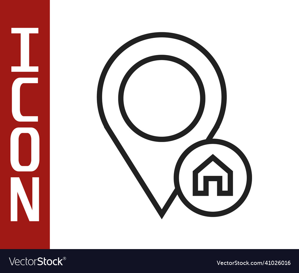 Black line map pointer with house icon isolated