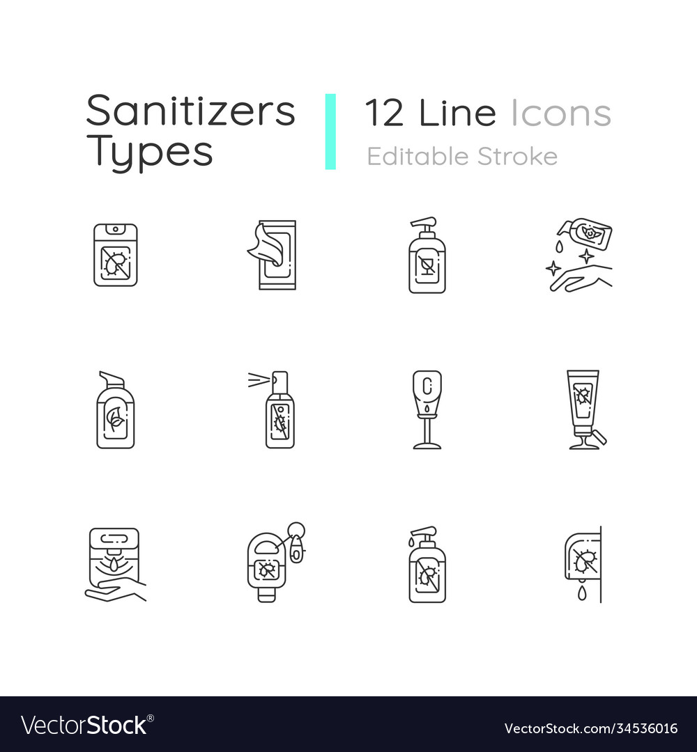 Sanitizer types linear icons set