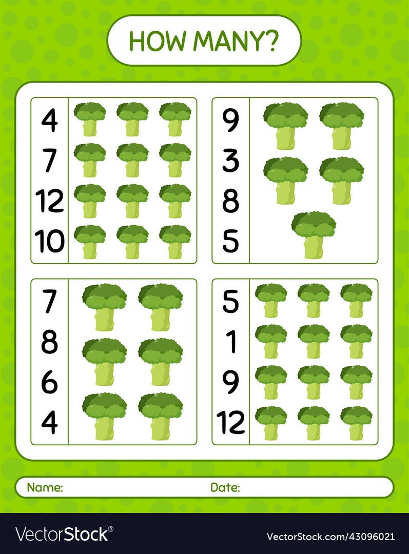 How many counting game with broccoli worksheet vector image How many counting game with broccoli worksheet
