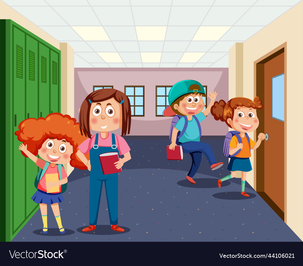 School locker room with student kids Royalty Free Vector