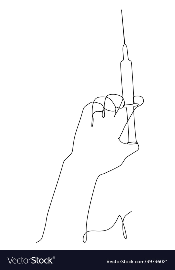 Syringe in hand one line drawing isolated object