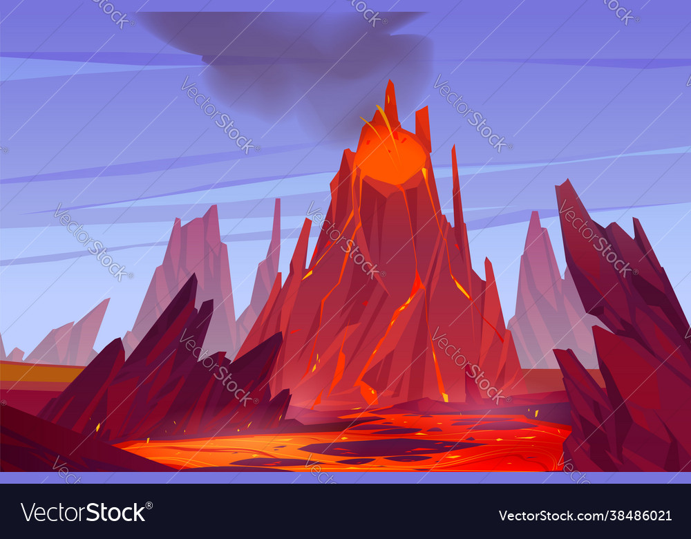 Volcanic eruption with lava fire and smoke Vector Image