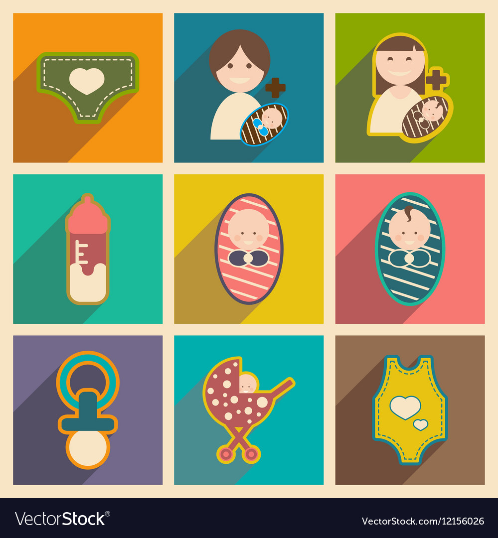 Modern flat icons collection with long shadow baby