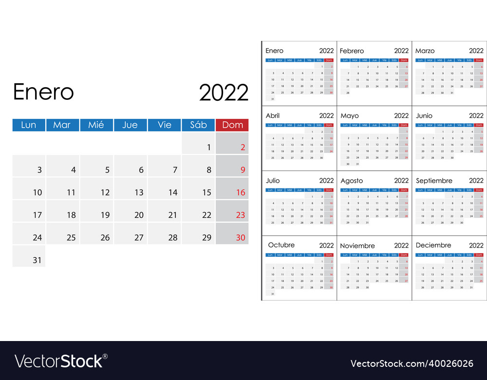 Simple Calendar 2022 On Spanish Language Week Vector Image