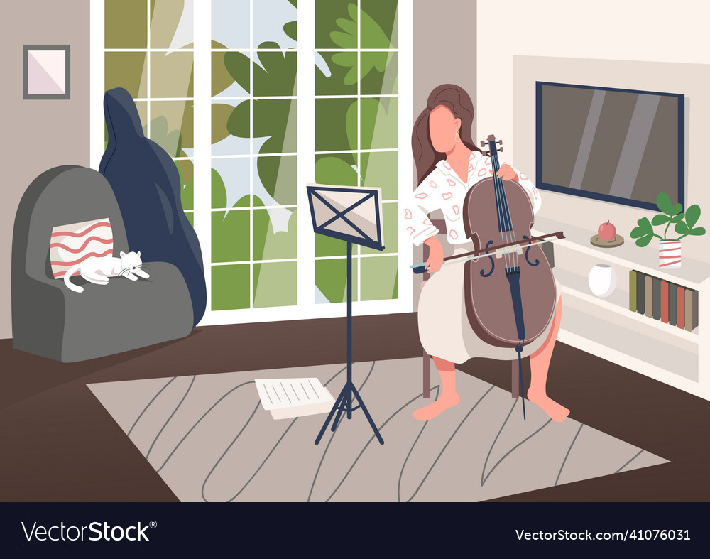 Cello player at home flat color