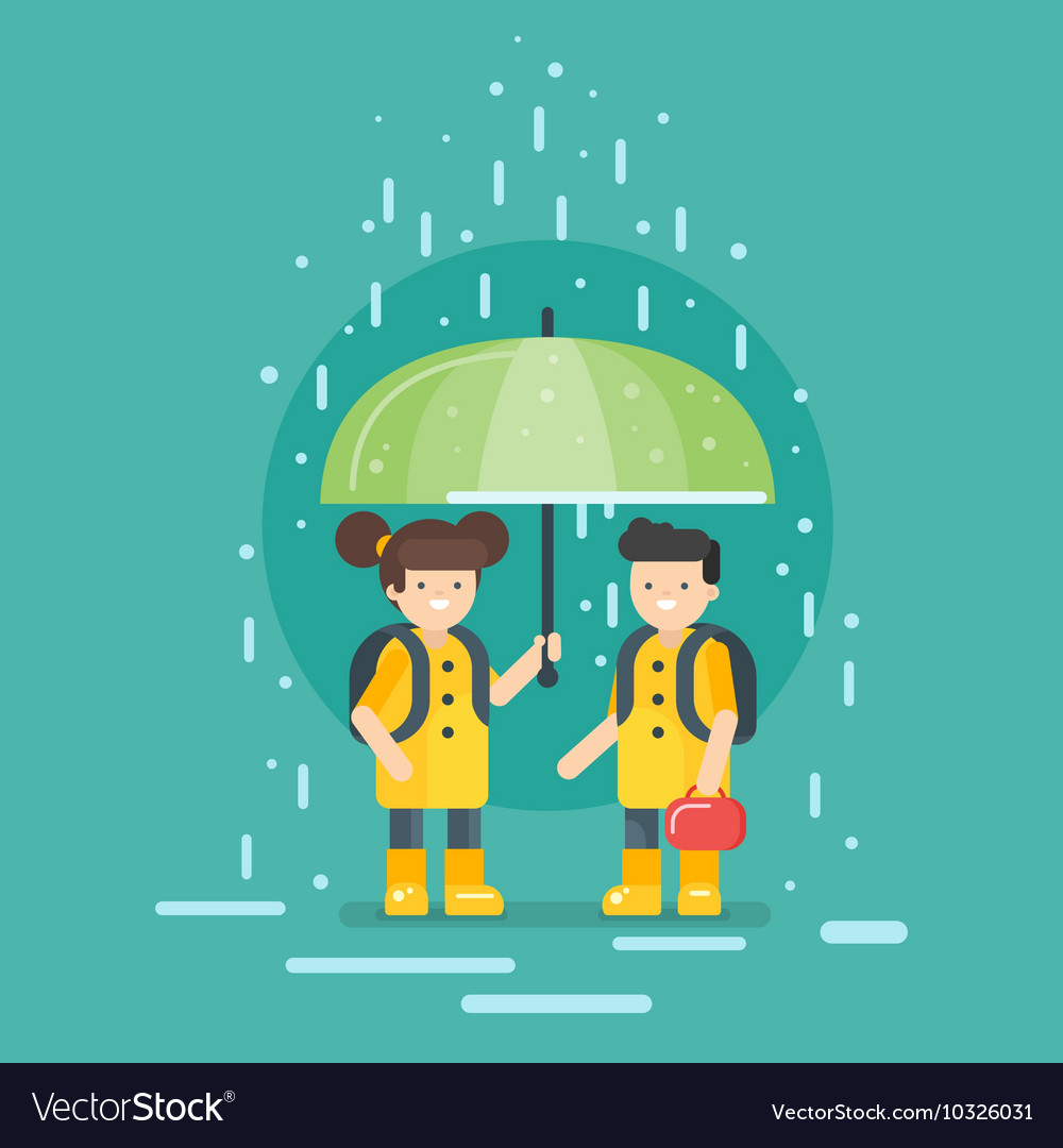 Smiling kids going to school in the rain