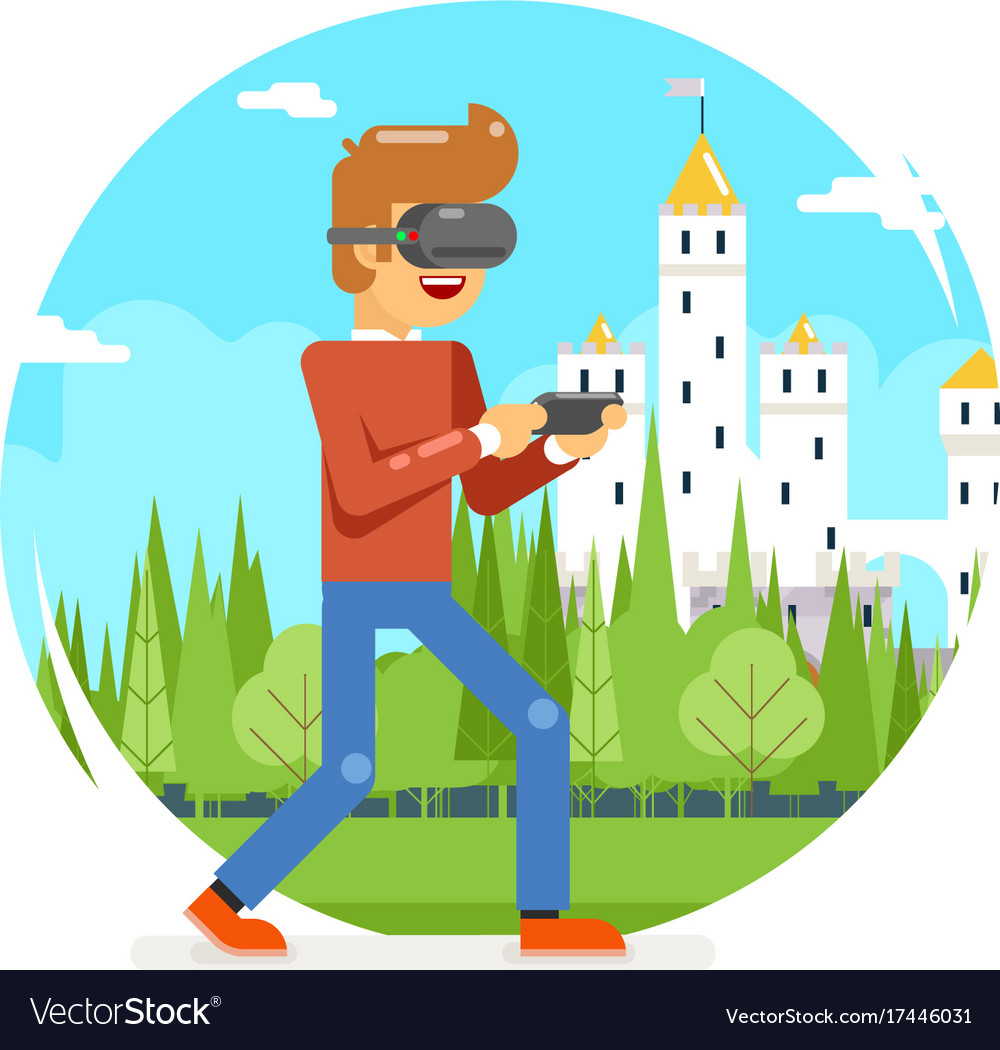 Vr virtual reality glasses young man playing game Vector Image