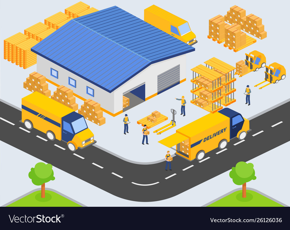 Isometric warehouse company loading and unloading