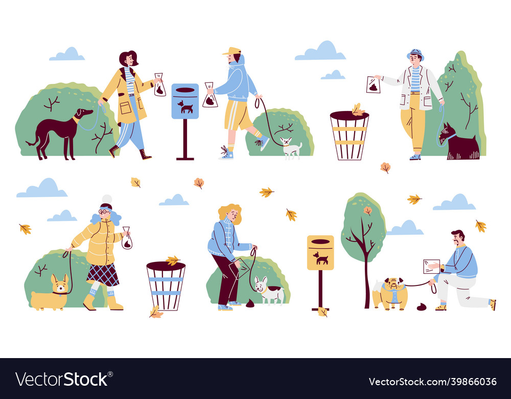 Set of images of people cleaning up poop after Vector Image