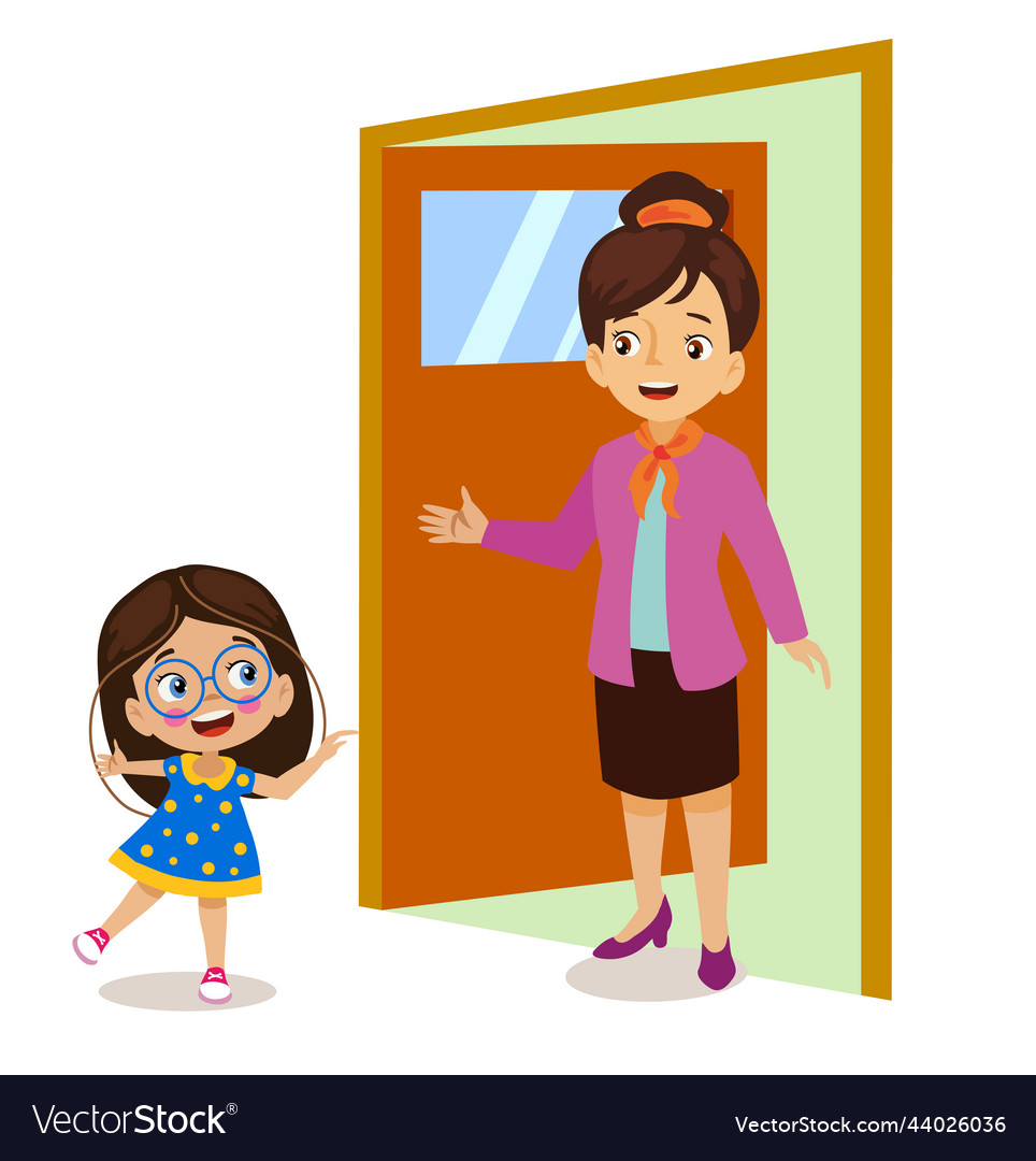 Teacher welcoming her student in front of the door