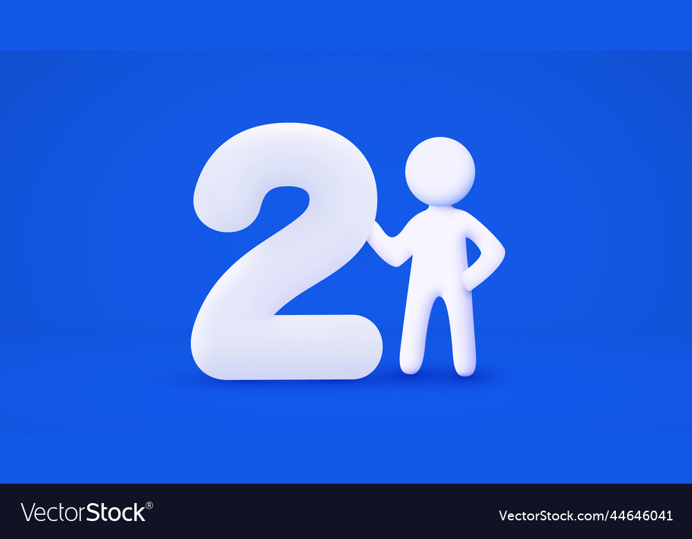 3d white cartoon man holding big number 2 Vector Image