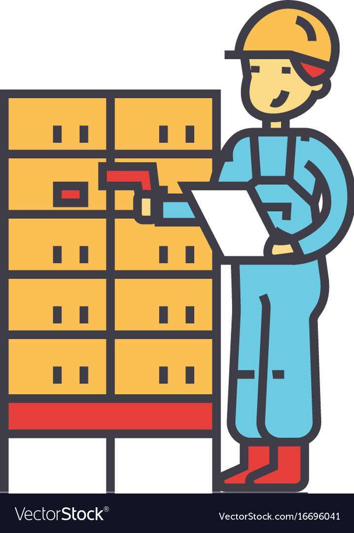 Warehouse delivery man checking bar code on post