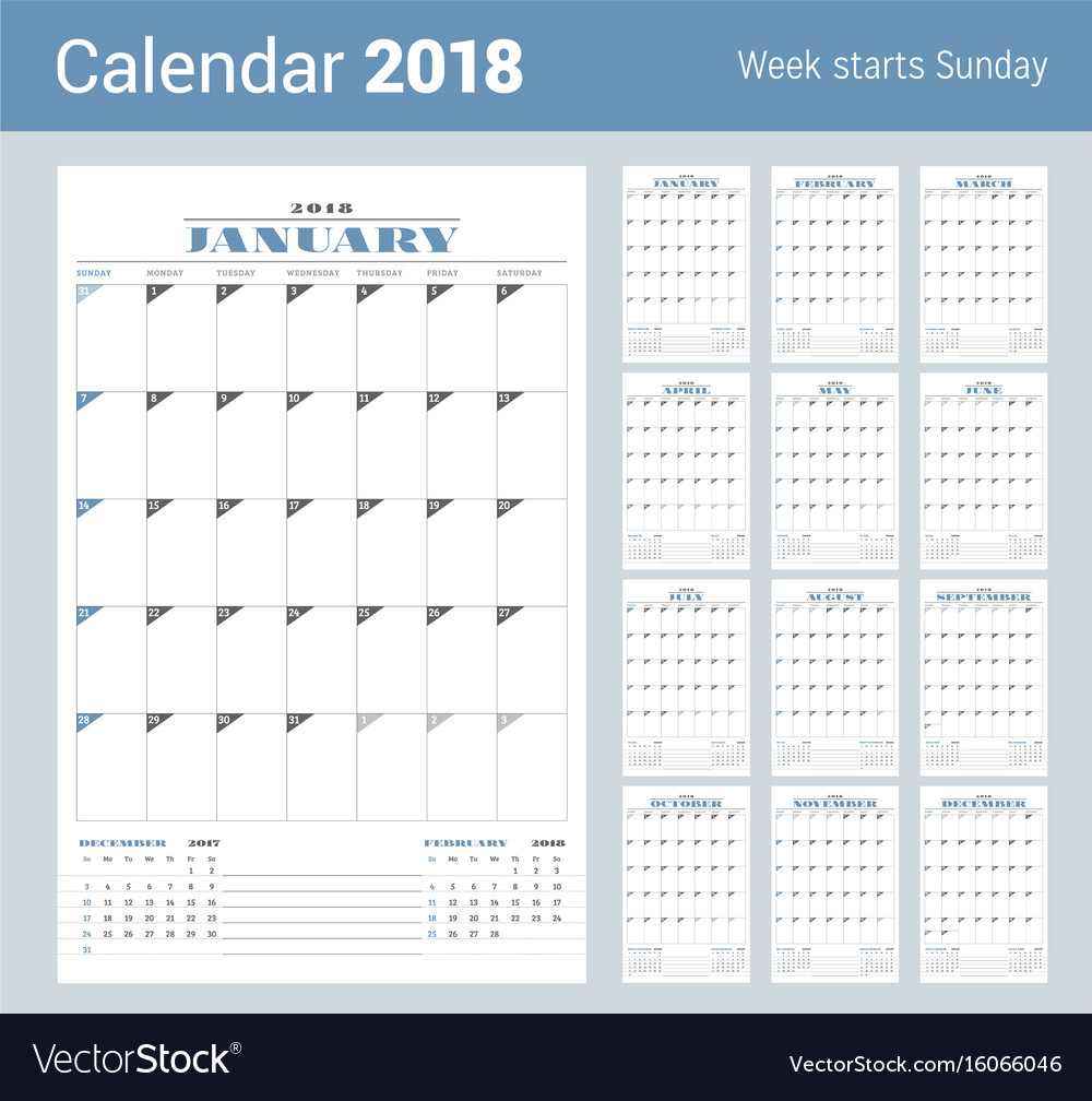 Calendar template for 2018 year set of 12 months Vector Image