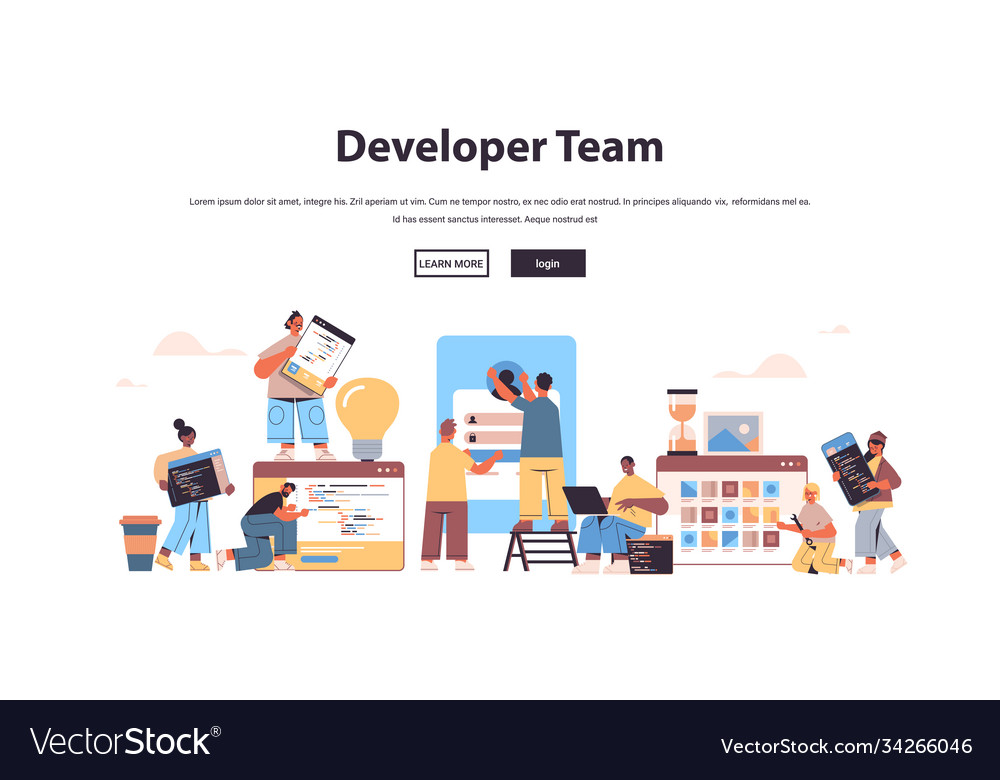 Mix race web developers team creating program code vector image Mix race web developers team creating program code