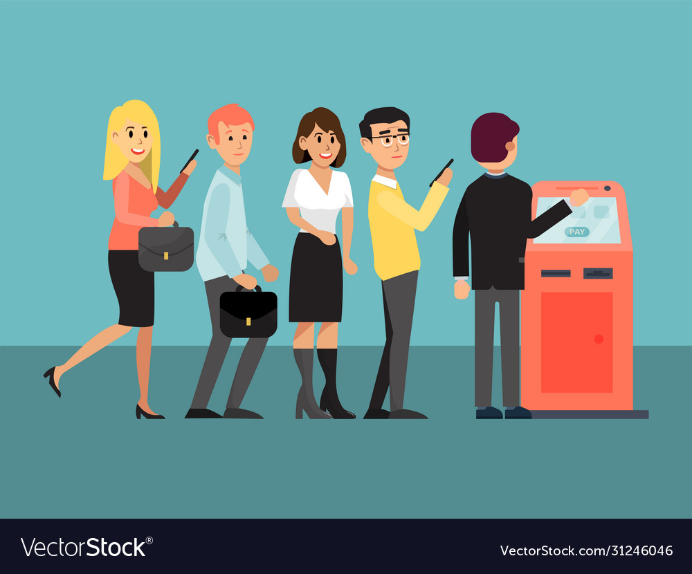 Queue at atm banking machine issuing money vector image Queue at atm banking machine issuing money