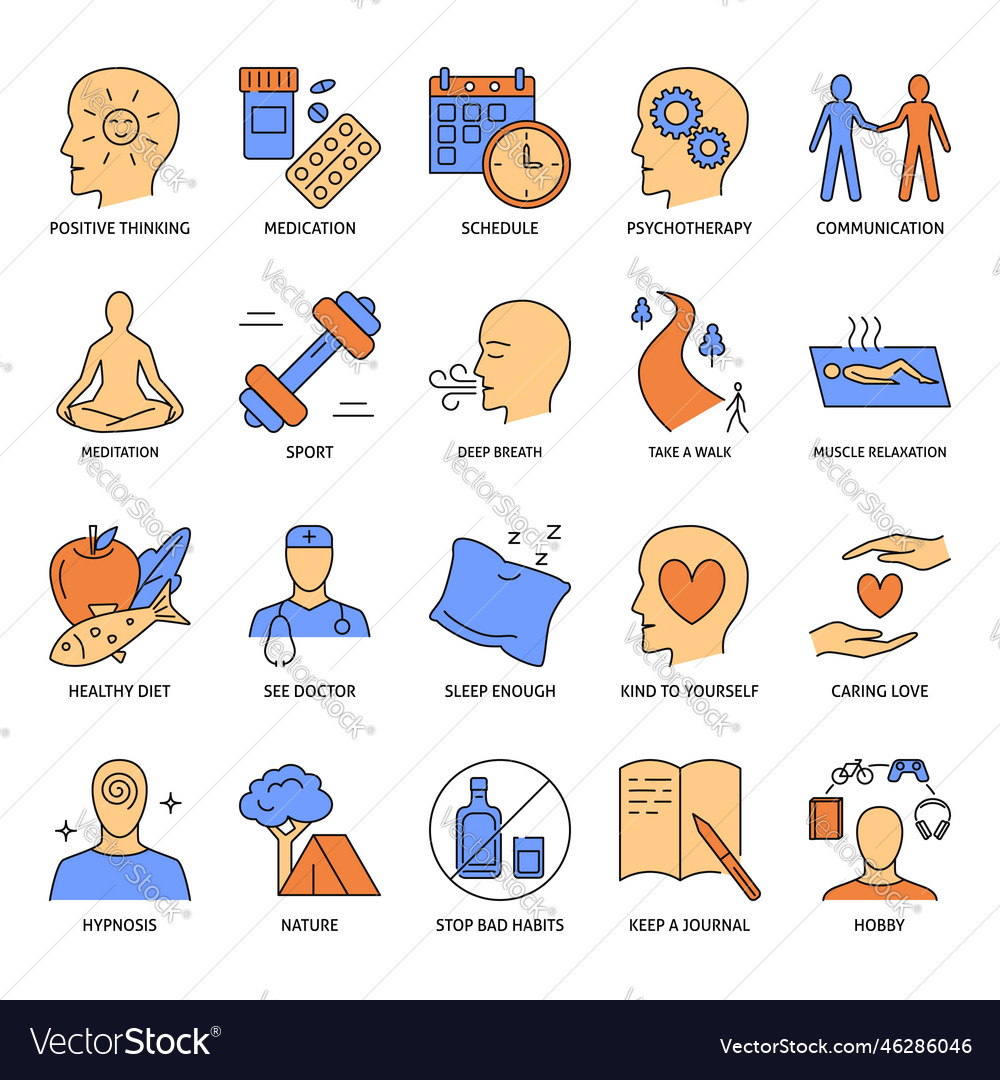 Stress relieve methods icon set Vector Image Stress relieve methods icon set