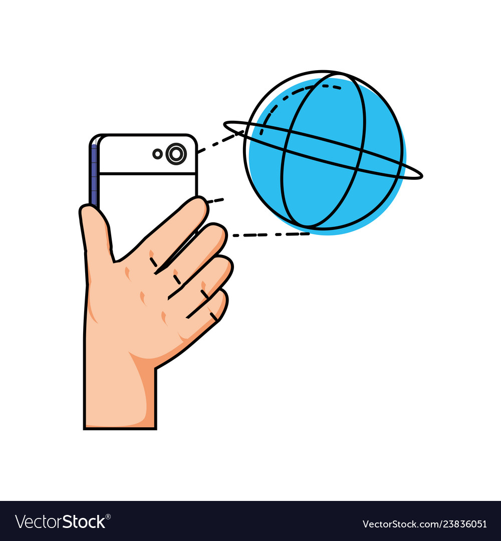 Hand using smartphone with sphere browser vector image Hand using smartphone with sphere browser