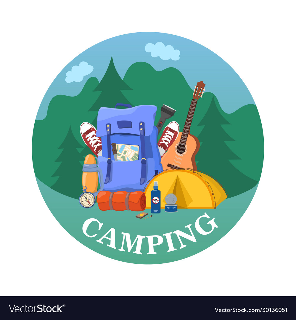 Hiking and outdoor recreation concept with flat vector image Hiking and outdoor recreation concept with flat